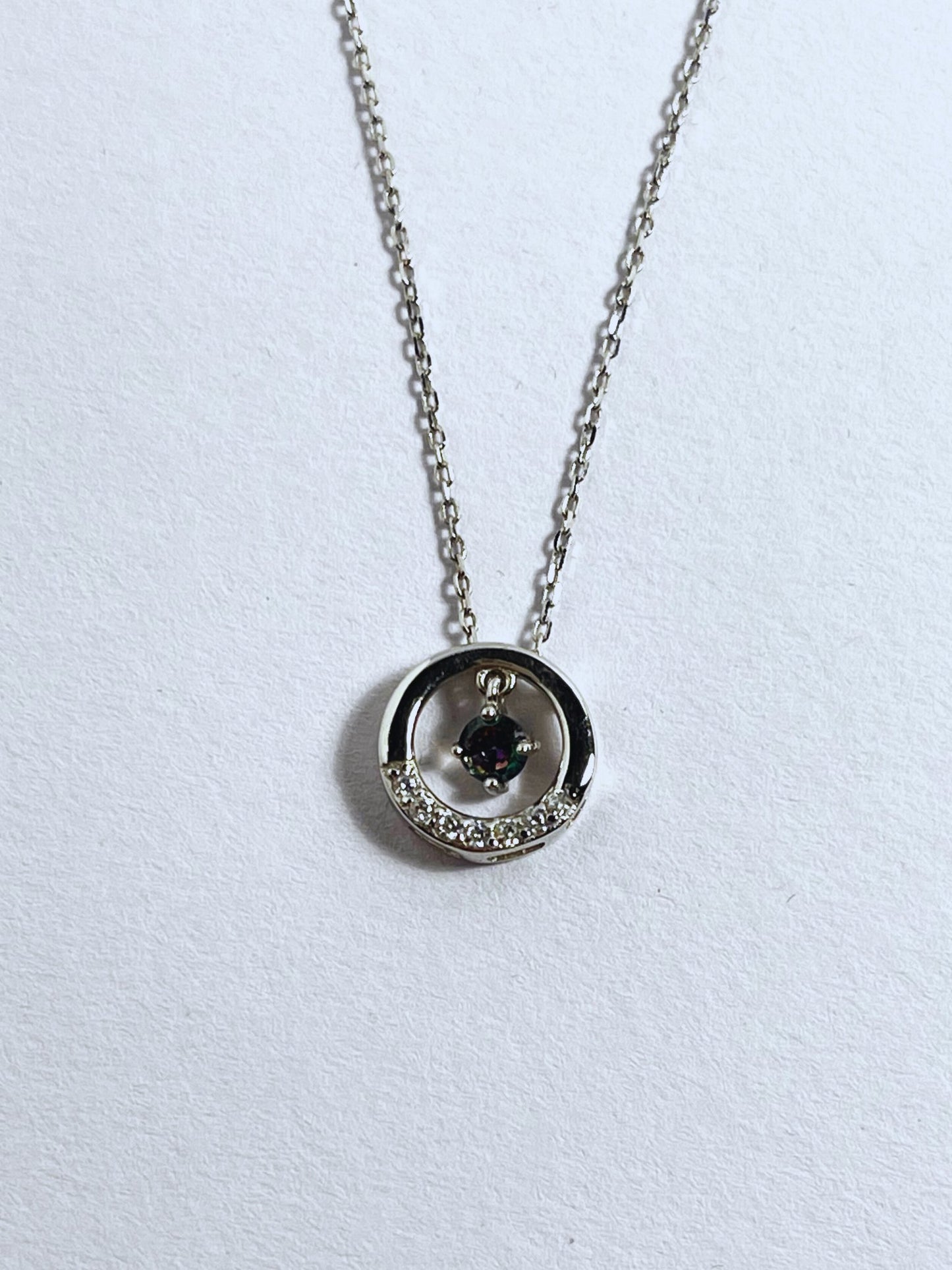 Sterling Silver Circle Pendant Necklace with Drop Mystic Topaz Stone - Stellify
