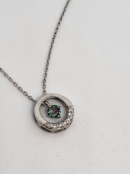 Sterling Silver Circle Pendant Necklace with Drop Mystic Topaz Stone - Stellify